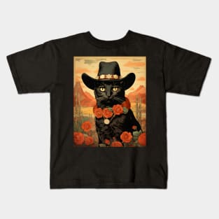 Retro Vintage Cowboy Black Cat - Whiskered Wild West Adventure Kids T-Shirt